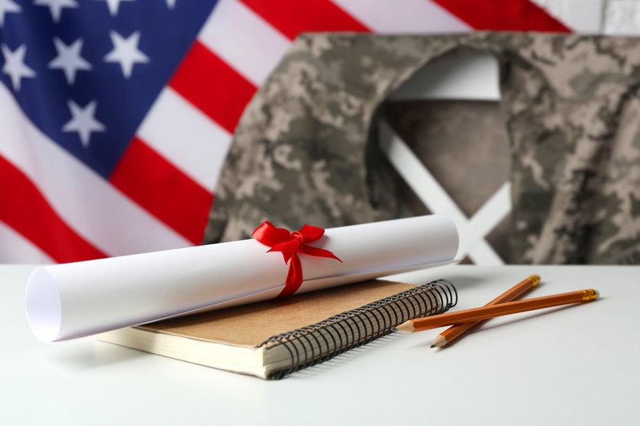 Flag, cammoflage uniform and degree with a red ribbon around it.
