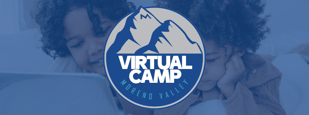 Children in front of a laptop with virtual camp logo.