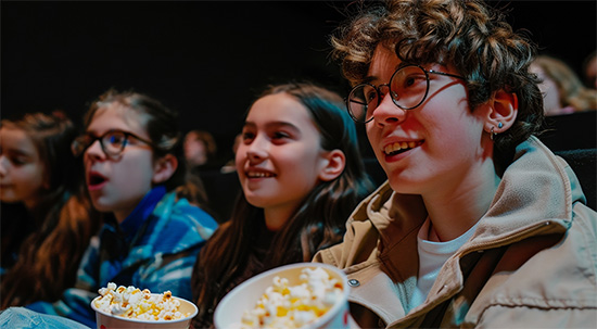 Teens eating popcorn watching a movie